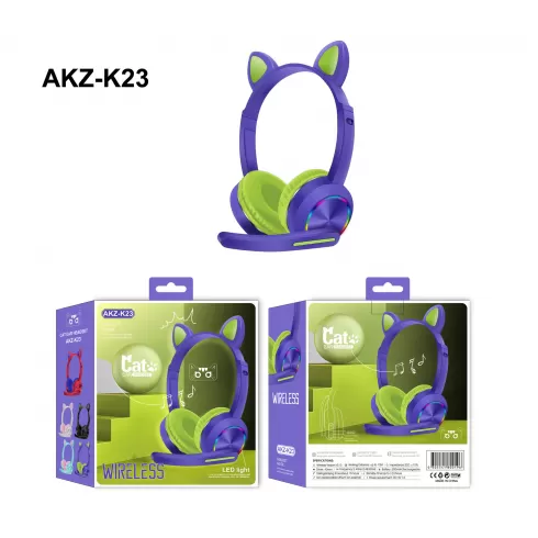 AKZ-K23 Ακουστικά - Cat ear headset, wireless, led light, Μπλε-Πράσινο
