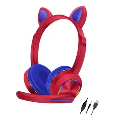 AKZ-K20 Ακουστικά - Cat ear headset, ενσύρματα, led light, Μπλε-Κόκκινο