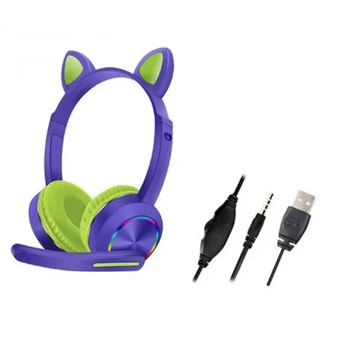 AKZ-K20 Ακουστικά - Cat ear headset, ενσύρματα, led light, Μπλε/Πράσινο