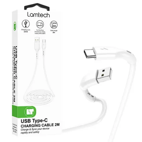 Lamtech Καλώδιο φόρτισης 2.4A USB-A σε Type-C 2m λευκό LAM446841