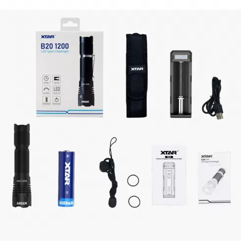 XTAR Σετ Φακός B20 Sports 1200 Lumens IPX8 Απόσταση 240m με Μπαταρία 21700 4900mAh και Φορτιστή SC1