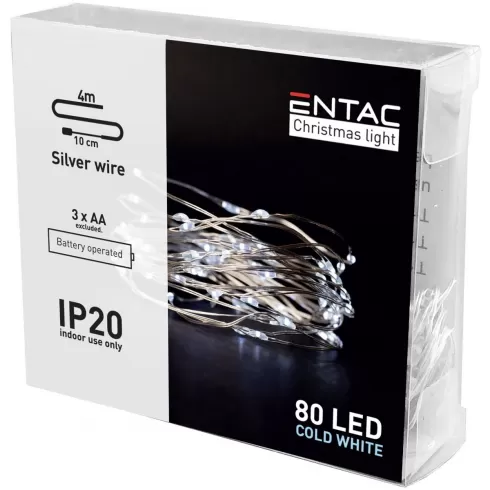 Entac Christmas Indoor Silver Wire 80 LED Light 6400K 4m (3AA excl.)