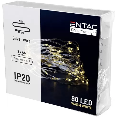 Entac Christmas Indoor Silver Wire 80 LED Light 3000K 4m (3AA excl.)