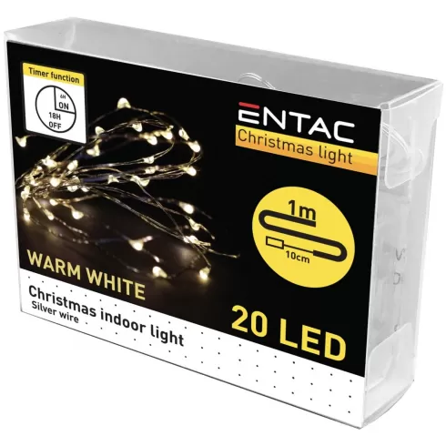 Entac Χριστουγεννιάτικα Εσωτερικά Ασημί Καλώδιο 20 LED Με Χρονοδιακόπτη Θερμό 1m (2x2032 Περιλαμβ.)