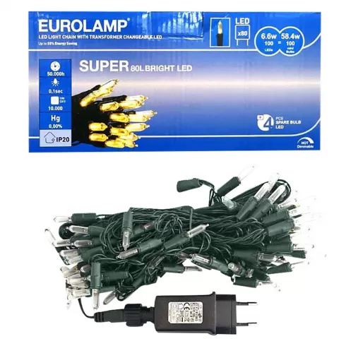 Eurolamp 80 Led λαμπάκια θερμό λευκό 5mm επεκτάσιμα, σειρά, πράσινο καλώδιο ρεύματος 16.85m (600-11463)