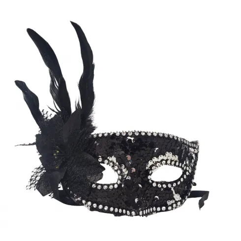 Μάσκα Βενετσιάνικη με λουλούδι, φτερά & πούλιες μαύρες-ασημί Carnavalista 232419
