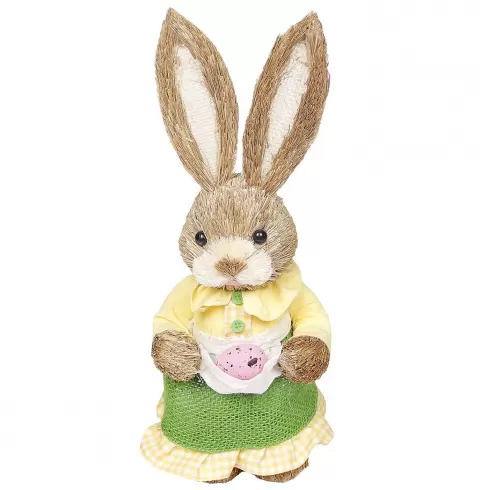 Λαγός όρθιος ψάθινος με κίτρινο φουστάνι κρατάει αυγό στη ποδιά 33x13x10cm Bunnys 932181