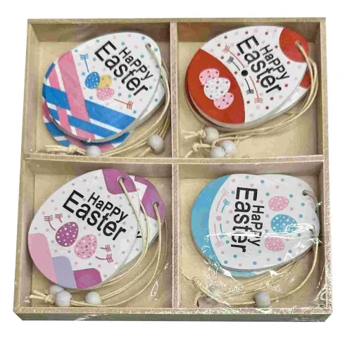 Κρεμαστό Πασχαλινό στολίδι Αυγά Ξύλινα Happy Easter σετ=12τεμ σε ξύλινο κουτί=13x13cm Bunny's 932204