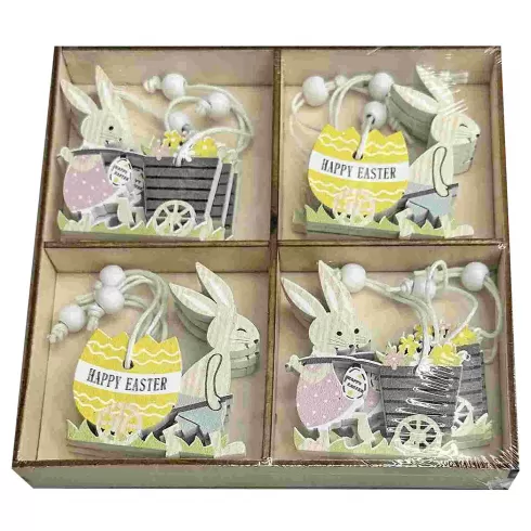Κρεμαστό Πασχαλινό στολίδι λαγοί ξύλινοι με αυγό & χειράμαξα σετ=12τεμ σε ξύλινο κουτί=13x13cm Bunny's 932104