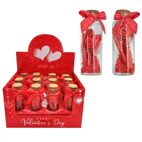 Μπουκαλάκι γυάλινο με φελλό και τριαντάφυλλο Άγιος Βαλεντίνος 22-3007 1 τεμάχιο