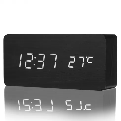 Επιτραπέζιο Ξύλινο ρολόι E08 - LED Wooden Alarm Clock Thermometer with Sound Control