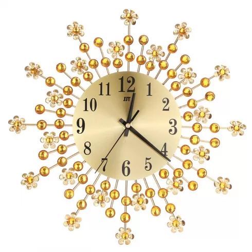 Ρολόι Τοίχου 3D μεταλλικό-πλαστικό με κρύσταλλα και λουλούδια χρυσό 35εκ
