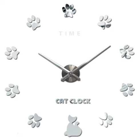  Αυτοκόλλητο Ρολόι Τοίχου Ακρυλικό  ΜΕΓΑΛΟ Cute Cat Claws LC6006 ασημί