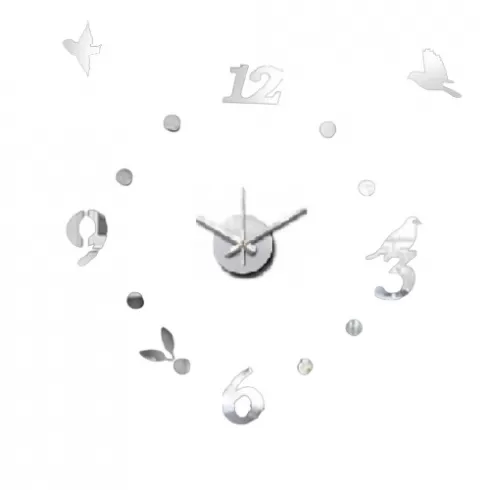  Αυτοκόλλητο Ρολόι Τοίχου Ακρυλικό μικρό με νούμερα, τελείες και πουλιά  ZYDC468 Ασημί