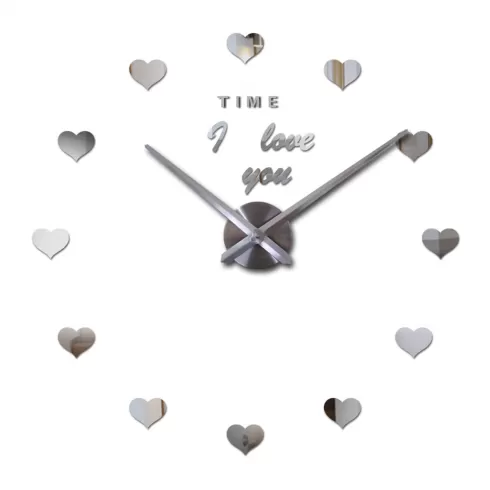  Αυτοκόλλητο Ρολόι Τοίχου Ακρυλικό I LOVE YOU με καρδιές ΜΕΓΑΛΟ LC6023 Ασημί