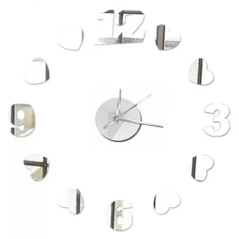  Αυτοκόλλητο Ρολόι Τοίχου Ακρυλικό μικρό νούμερα με καρδούλες ZYDC452 Ασημί