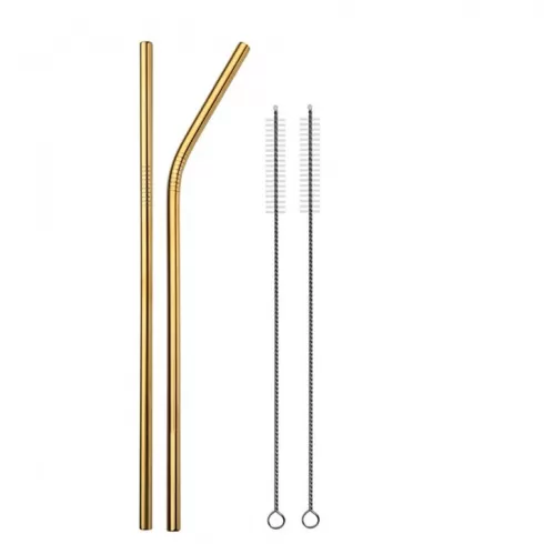 2 Μεταλλικά καλαμάκια 21.5cm χρυσό και 2 βουρτσάκια καθαρισμού