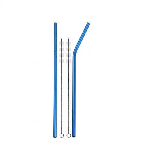 2 Μεταλλικά Καλαμάκια μπλε και 2 βουρτσάκια καθαρισμού 