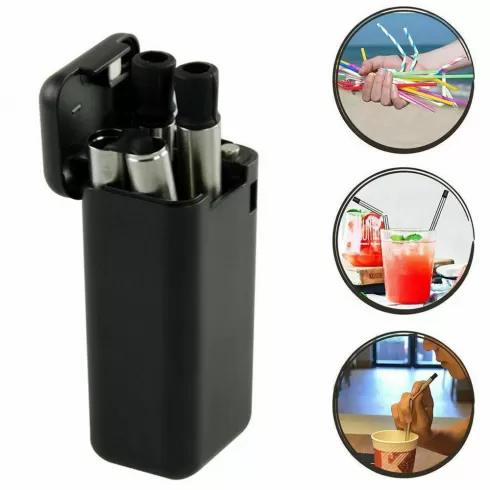 Πτυσσόμενο Μεταλλικό Καλαμάκι & Βουρτσάκια Καθαρισμού φορητό σε κουτί μπρελόκ μαύρο #2