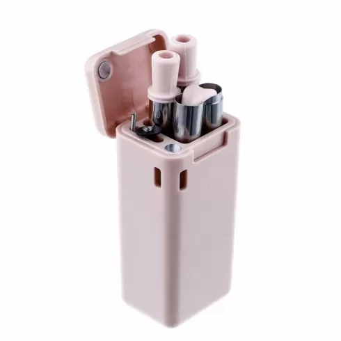 Πτυσσόμενο Μεταλλικό Καλαμάκι & Βουρτσάκια Καθαρισμού φορητό σε κουτί μπρελόκ ροζ