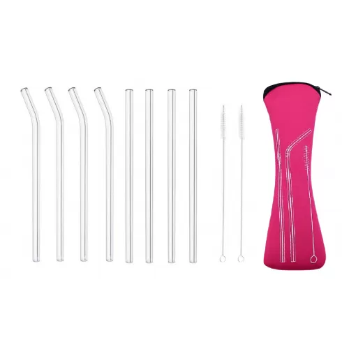 8 Γυάλινα Καλαμάκια 4 ίσια και 4 κυρτά και 2 βουρτσάκια καθαρισμού σε ροζ θήκη μεταφοράς