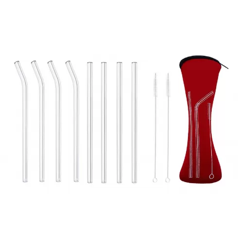 8 Γυάλινα Καλαμάκια 4 ίσια και 4 κυρτά και 2 βουρτσάκια καθαρισμού σε κόκκινη θήκη μεταφοράς