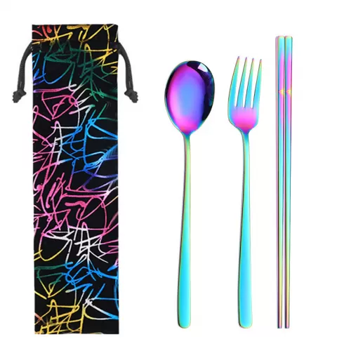 Μεταλλικά Set Chopsticks πιρούνι και κουτάλι multicolor σε πουγκί μεταφοράς