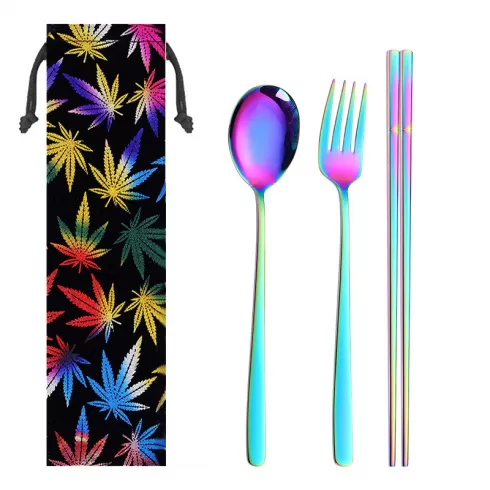 Μεταλλικά Chopsticks πιρούνι και κουτάλι multicolor σε πουγκί μεταφοράς