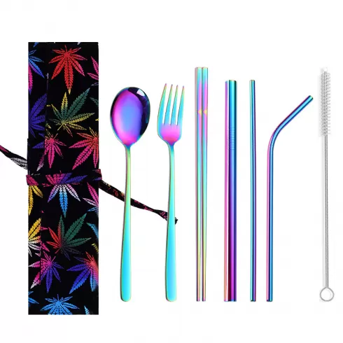 Μεταλλικά καλαμάκια multicolor,chopsticks, πιρούνι και κουτάλι σε θήκη μεταφοράς πολύχρωμο