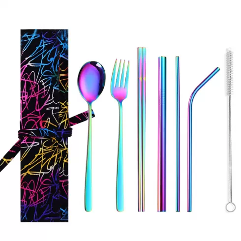 Μεταλλικά καλαμάκια multicolor,chopsticks, πιρούνι και κουτάλι σε θήκη μεταφοράς