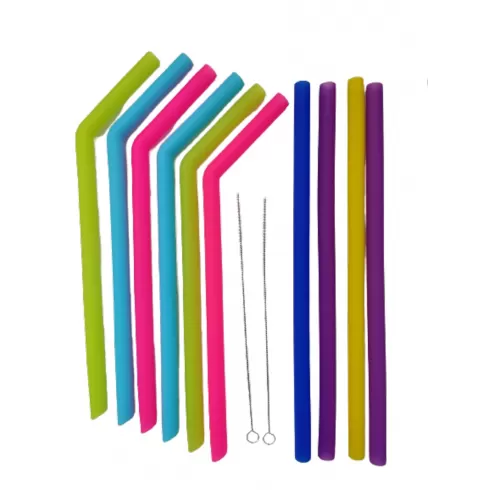 OEM Καλαμάκια Σιλικόνης 25εκ Πολύχρωμα 6 κυρτά - 4 ίσια και 2 βουρτσάκια σετ 12 τμχ.
