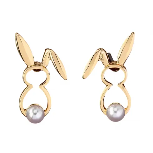 Σκουλαρίκια φο μπιζού χρυσά με πέρλα κουνελάκι 2.5x1.7cm