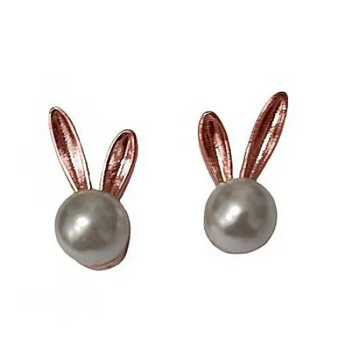 Σκουλαρίκια φο μπιζού ροζ χρυσό με πέρλα αυτιά λαγού 2x1cm