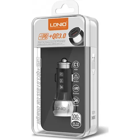 LDNIO Car charger C1, USB + USB-C, PD + QC 3.0, 36W (black) #1