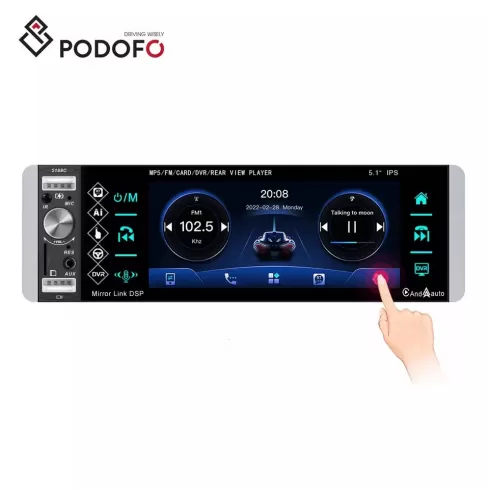 Podofo A2905 1 Din Carplay Car Radio Autoradio 5.1" Touch Screen Car Stereo Android Auto USB AUX AI Voice with MIC + SWC 12V