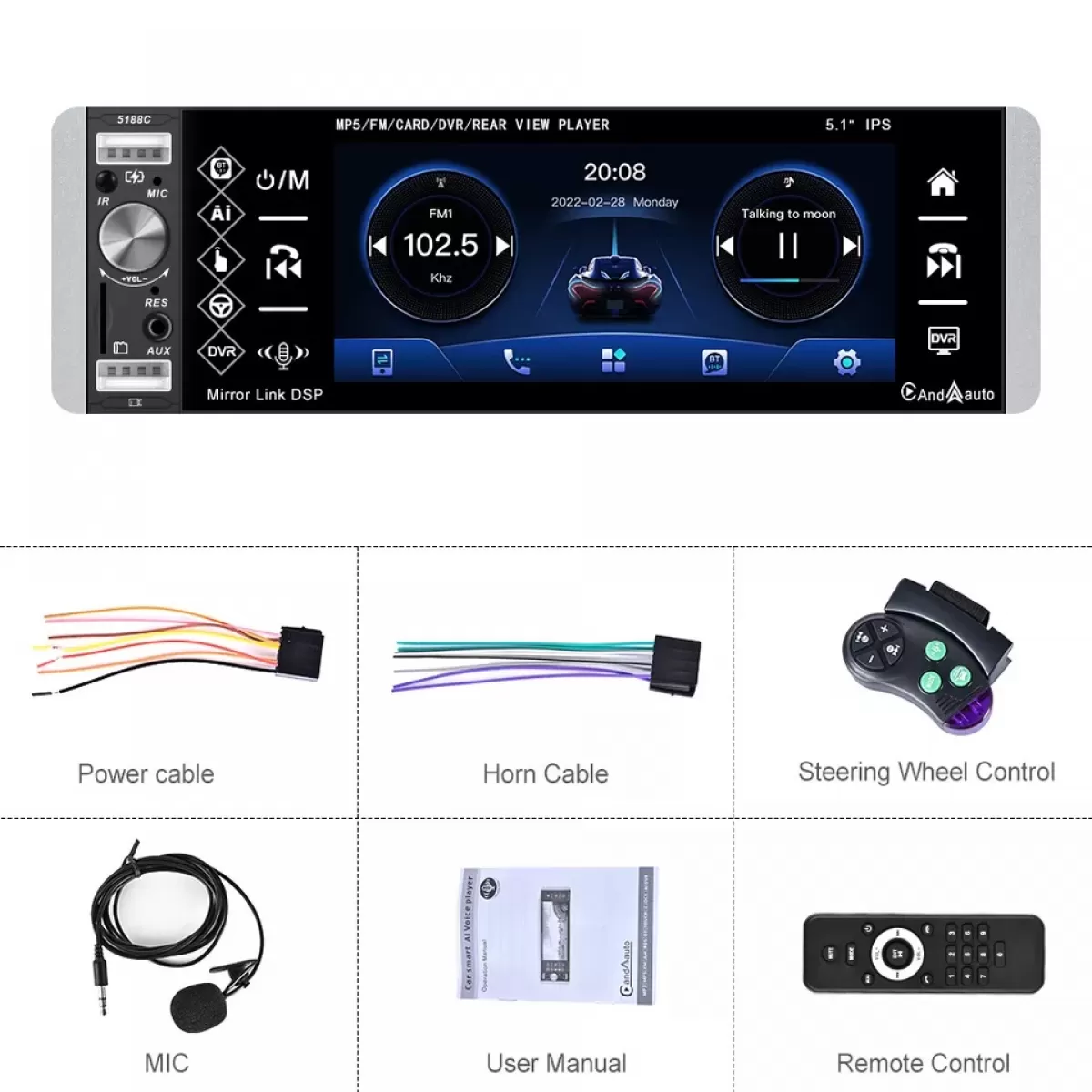 Podofo A2905 1 Din Carplay Car Radio Autoradio 5.1 Touch Screen Car Stereo  Android Auto USB AUX AI Voice with MIC + SWC 12V