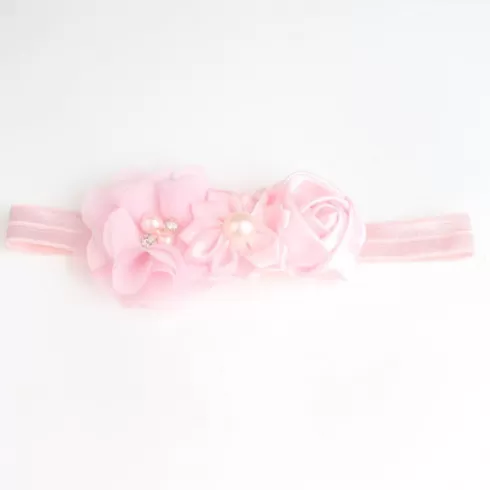 Βρεφική κορδέλα ροζ με λουλούδια και μαργαριτάρι  
