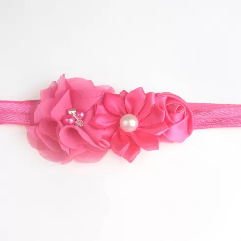 Βρεφική κορδέλα φούξια με λουλούδια και μαργαριτάρι  