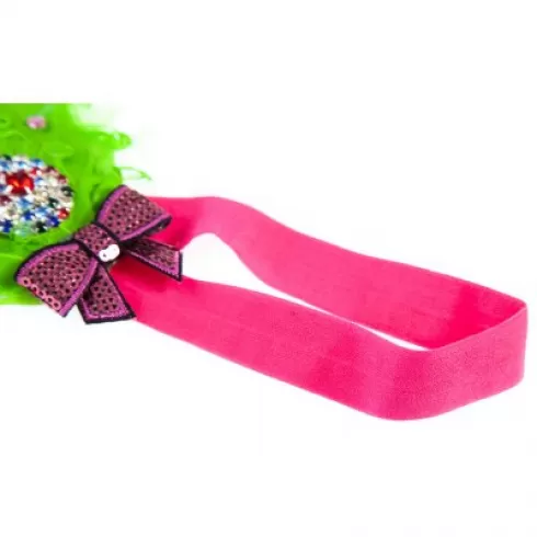 Βρεφική κορδέλα πράσινη με φούξια φιόγκο Stylish Feather Flower Diamond Stretchy Baby Girls Headband #3