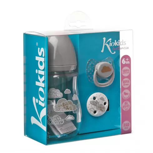 Kiokids Σετ Μπιμπερό 250ml Γκρι με Πιπίλα & Κλιπ 6+m