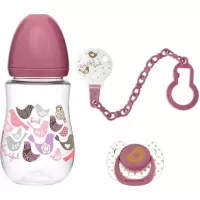 Kiokids Σετ Μπιμπερό 250ml, Πιπίλα & Κλιπ Pink 6m+