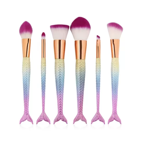 Σετ 6 πινέλα μακιγιάζ σε σχήμα γοργόνας χρυσό ροζ μωβ Mermaid Shape Multifunction