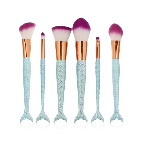 Σετ 6 πινέλα μακιγιάζ σε σχήμα γοργόνας ροζ χρυσό σιελ Mermaid Shape Multifunction